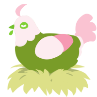 A chartreuse and rose chicken with a head pattern