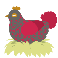 A grey and crimson chicken with a speckle pattern