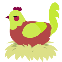 A red and lime chicken with a head pattern