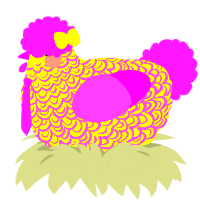 Pom, a yellow and orchid chicken with a double-lace pattern