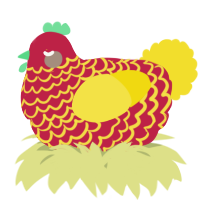 A crimson and yellow chicken with a lace pattern