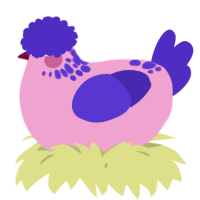 A pink and indigo chicken with a neck-speckle pattern