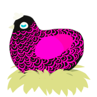 clover field, a black and fuchsia chicken with a double-lace pattern