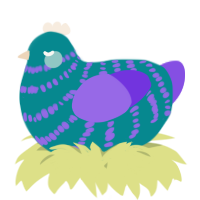 A teal and blurple chicken with a bar pattern