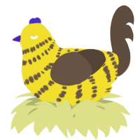 A yellow and bark chicken with a bar pattern
