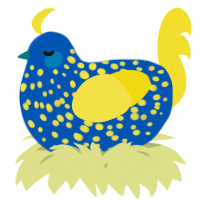 A ultramarine and yellow chicken with a speckle pattern
