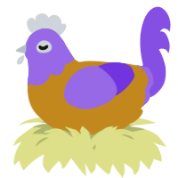A ochre and blurple chicken with a head pattern