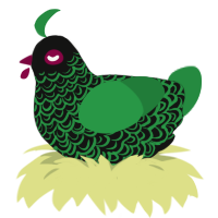 Greenly, a black and viridian chicken with a double-lace pattern