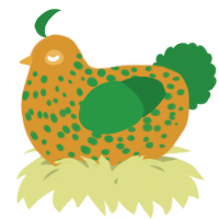 A orange and viridian chicken with a speckle pattern