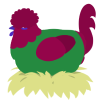 A viridian and maroon chicken with a head pattern