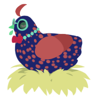 A navy and red chicken with a speckle pattern