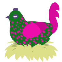 A leaf and fuchsia chicken with a speckle pattern