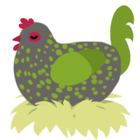 A grey and chartreuse chicken with a speckle pattern