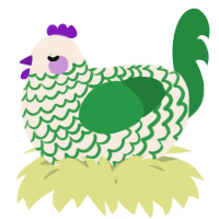 A cream and viridian chicken with a lace pattern