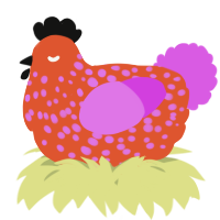 A vermilion and orchid chicken with a speckle pattern