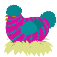 A fuchsia and teal chicken with a bar pattern