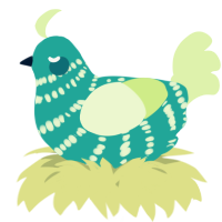 A turquoise and apple chicken with a bar pattern