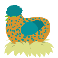 A orange and teal chicken with a speckle pattern