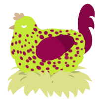 A lime and maroon chicken with a speckle pattern