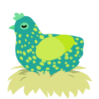 quix, a turquoise and lime chicken with a speckle pattern