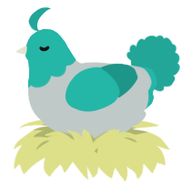 A silver and turquoise chicken with a head pattern
