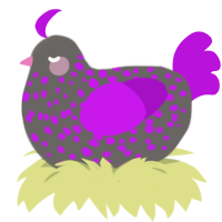 Devil, a grey and amethyst chicken with a speckle pattern
