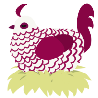 A white and maroon chicken with a lace pattern