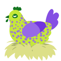 A lime and blurple chicken with a speckle pattern