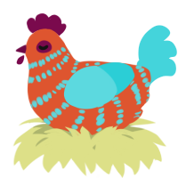 A vermilion and aqua chicken with a bar pattern