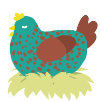 A turquoise and russet chicken with a speckle pattern