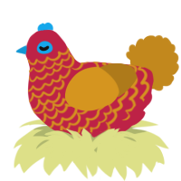 A crimson and ochre chicken with a lace pattern