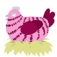 A pink and maroon chicken with a bar pattern