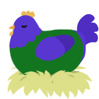 A leaf and indigo chicken with a head pattern