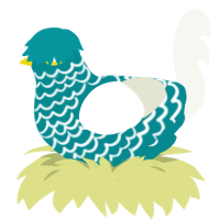 A teal and white chicken with a lace pattern