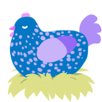 Gije, a sapphire and lilac chicken with a speckle pattern
