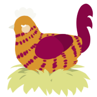 A orange and maroon chicken with a bar pattern
