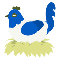 A white and ultramarine chicken with a head pattern