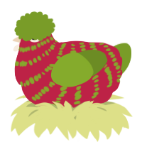 A crimson and chartreuse chicken with a bar pattern