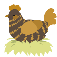 A bark and gold chicken with a bar pattern