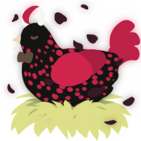 A black and crimson chicken with a speckle pattern