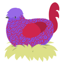 A blurple and crimson chicken with a double-lace pattern