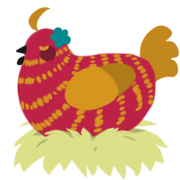 A crimson and ochre chicken with a bar pattern