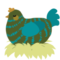 A olive and teal chicken with a bar pattern