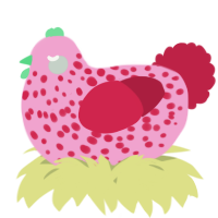 A pink and crimson chicken with a speckle pattern