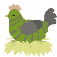 A chartreuse and grey chicken with a bar pattern