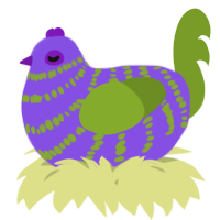 A blurple and chartreuse chicken with a bar pattern
