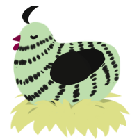 Mint, a gluppy and black chicken with a bar pattern