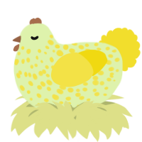 A apple and yellow chicken with a speckle pattern