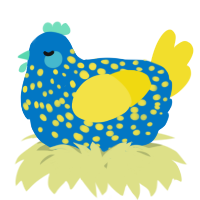 A sapphire and yellow chicken with a speckle pattern