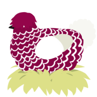 A maroon and white chicken with a lace pattern